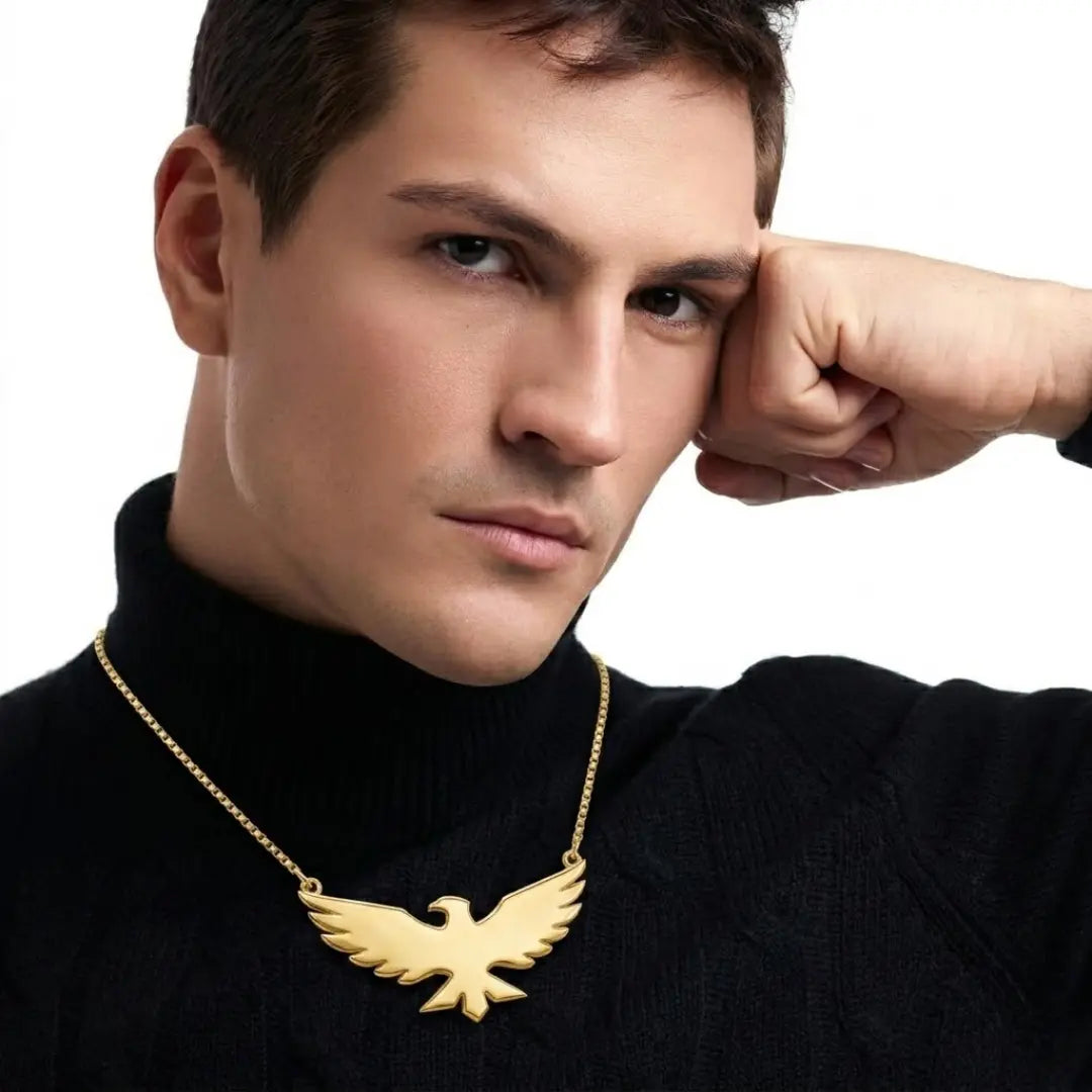 18K Gold Filled Soaring Eagle Pendant Necklace – Sculpted Spread-Wing Eagle Box Chain Necklace for Men & Women